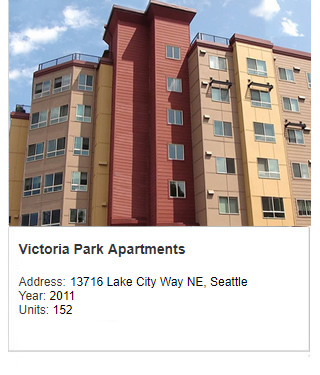 Photo of Victoria Park Apartments. Address: 13716 Lake City Way NE, Seattle. Year: 2011. Units: 152.
