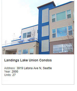 Photo of Landings Lake Union Condos. Address: 3919 Latona Ave N, Seattle. Year: 2000. Units: 27.