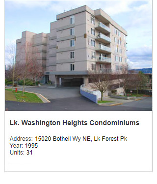 Photo of Lake Washington Heights Condominiums. Address: 15020 Bothell Way NE, Lake Forest Park WA. Year: 1995. Units: 31.