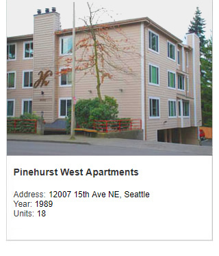 Photo of Pinehurst West Apartments. Address: 12007 15th Ave NE, Seattle. Year: 1989. Units: 18.