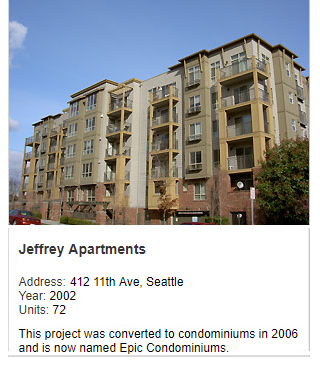 Photo of Jeffrey Apartments. Address: 412 11th Ave, Seattle. Year: 2002. Units: 72. This project was converted to condominiums in 2006 and is now named Epic Condominiums.